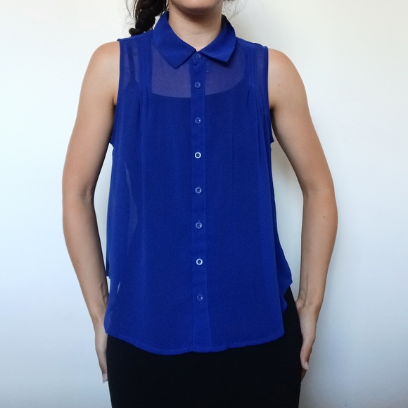 Royal Blue Sheer Sleeveless Blouse - Picture 10 of 11